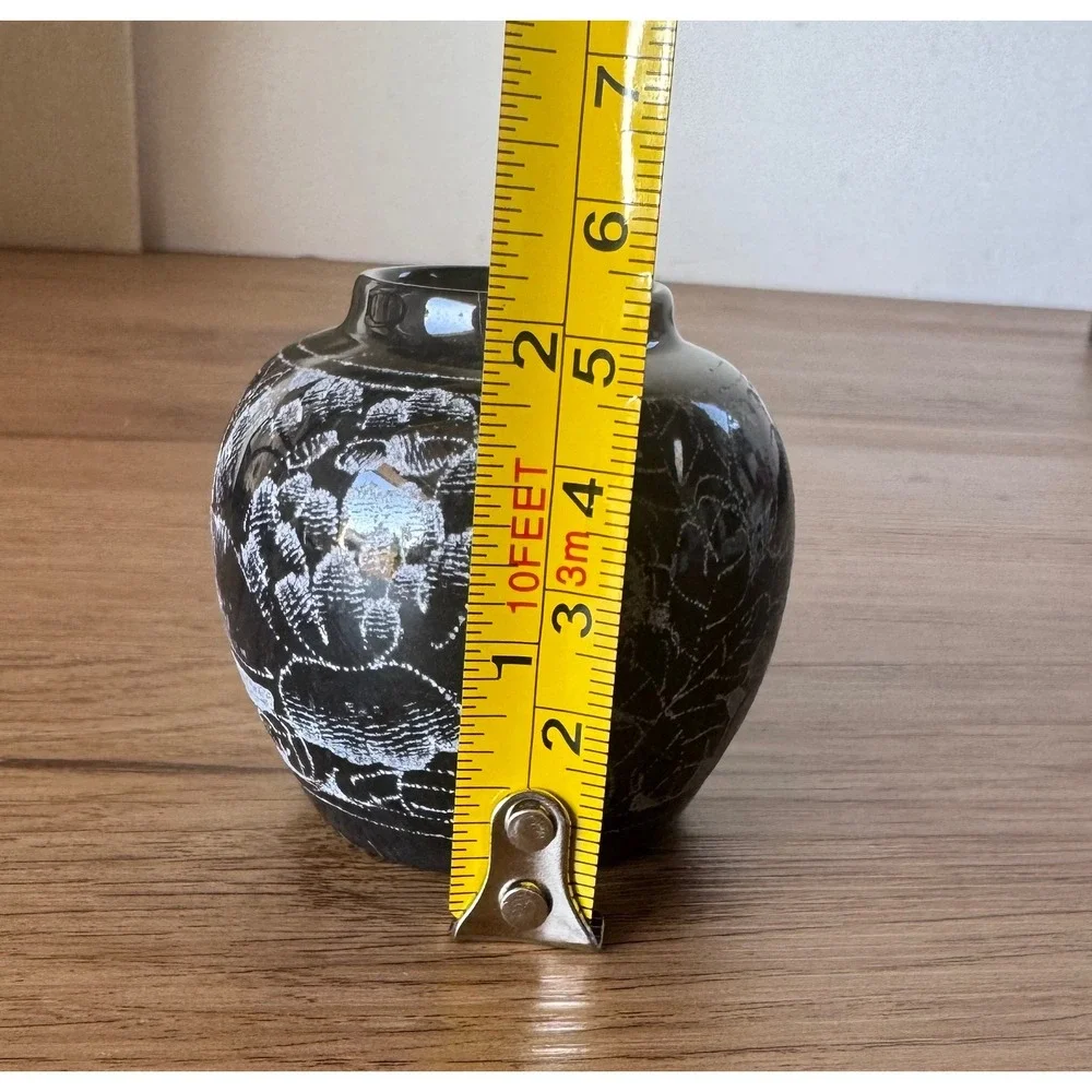 Vintage Hand Carved Black Stone Etched Floral Peony Bud Vase 2.5 Inch